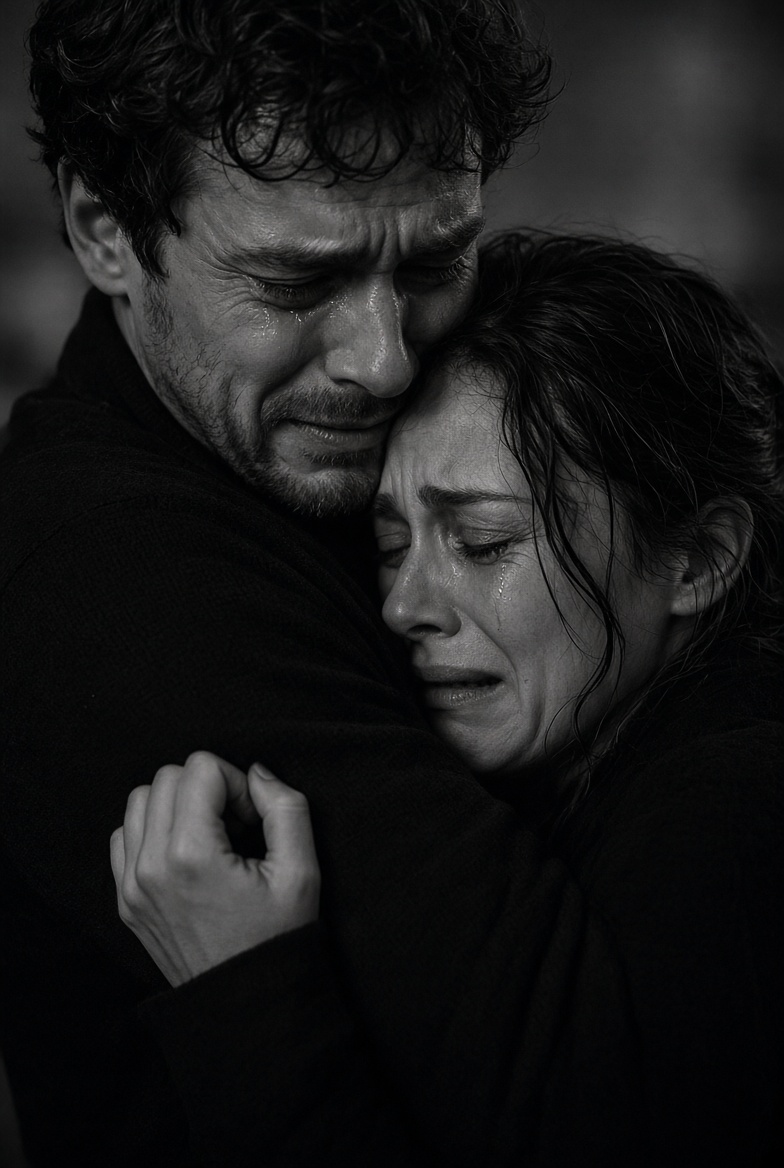 Couple holding each other and crying, black and white