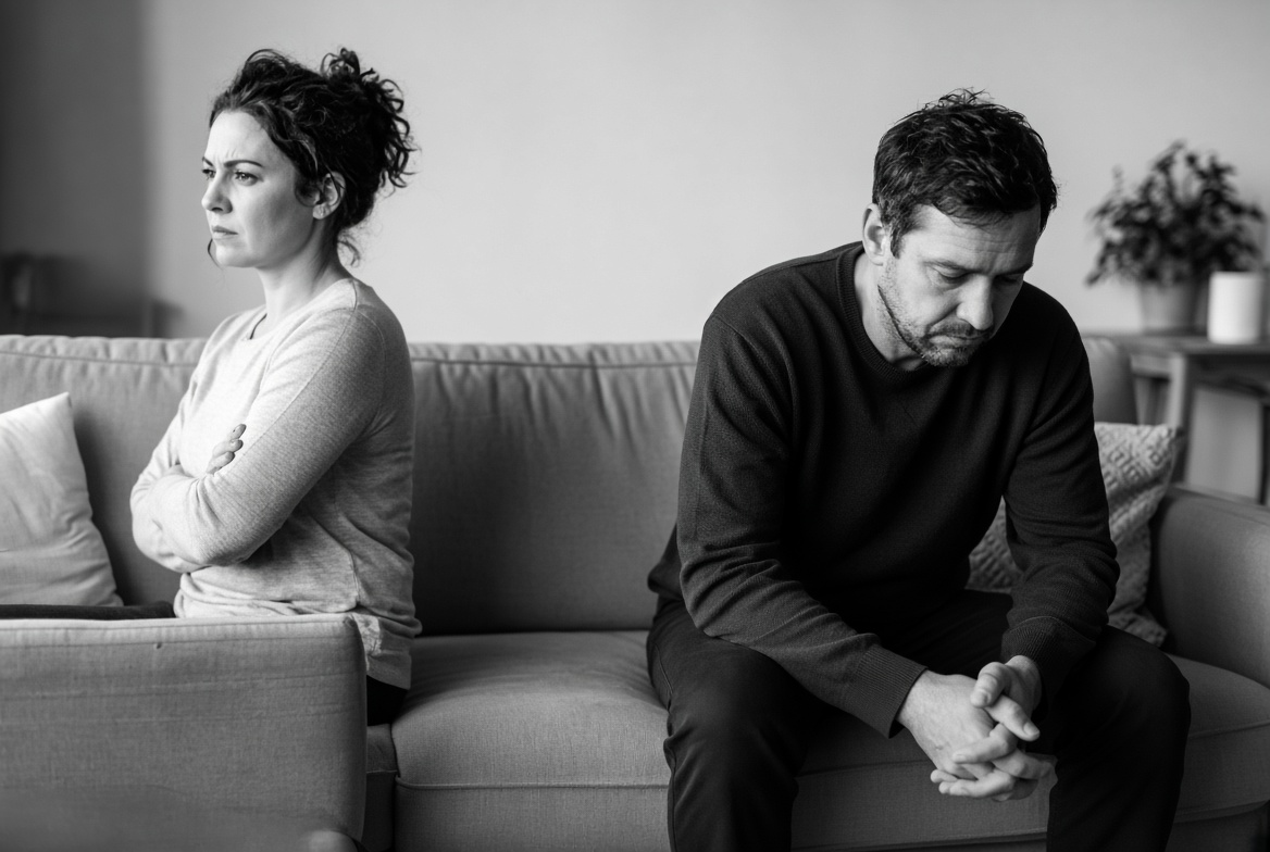 Couple sitting back to back on a sofa in black and white