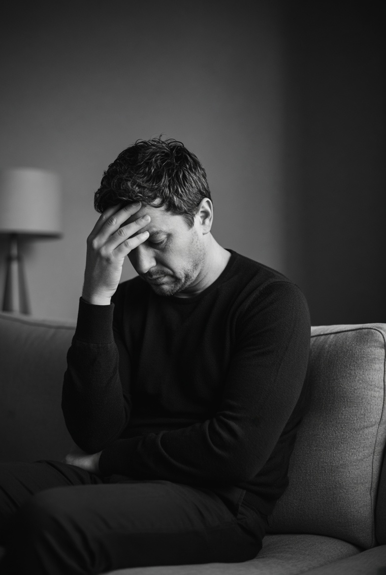 Man sitting alone on a couch, head in his hand, black and white