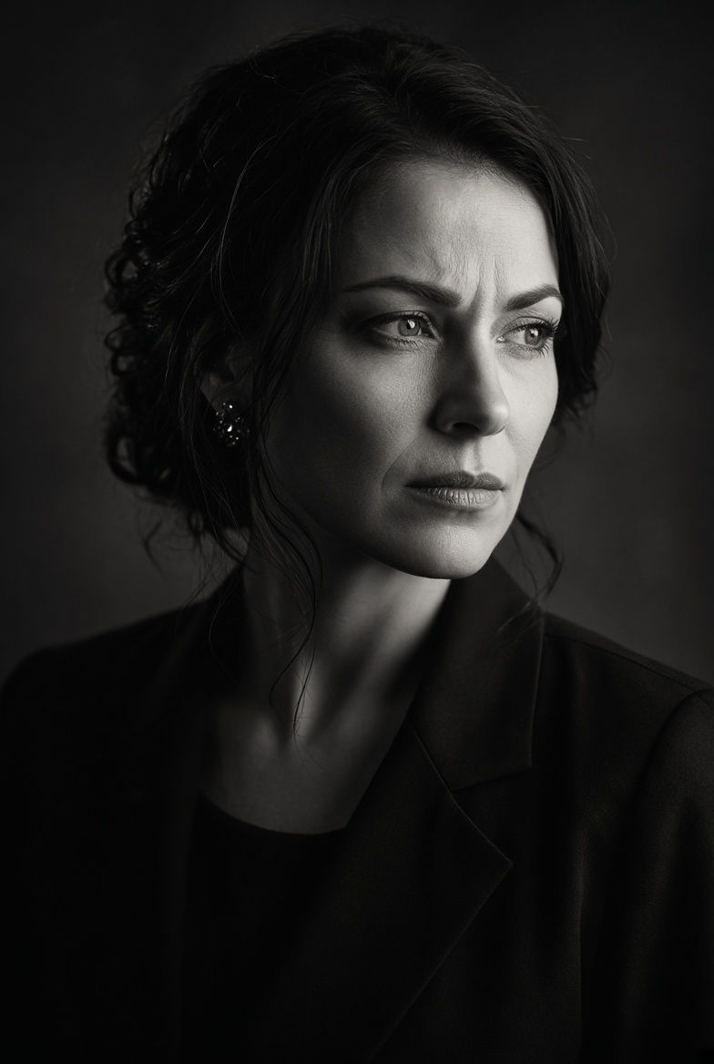 Black-and-white portrait of a woman with a guarded, preoccupied expression